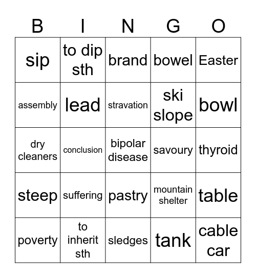 Vocabulary revision Bingo Card