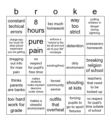 pain caused by school Bingo Card