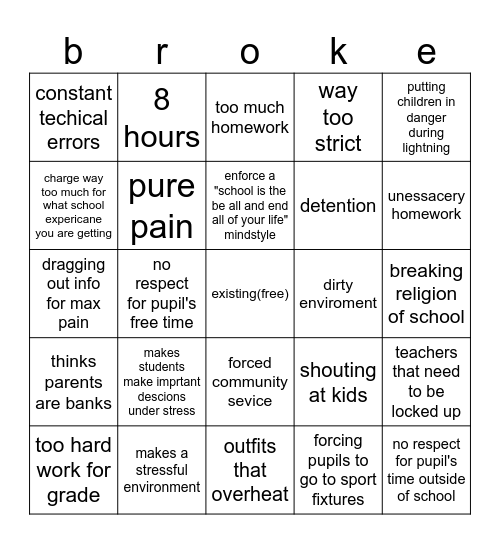 pain caused by school Bingo Card