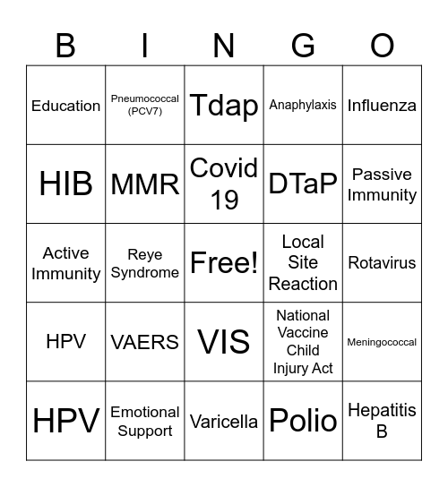 Immunization Bingo Card