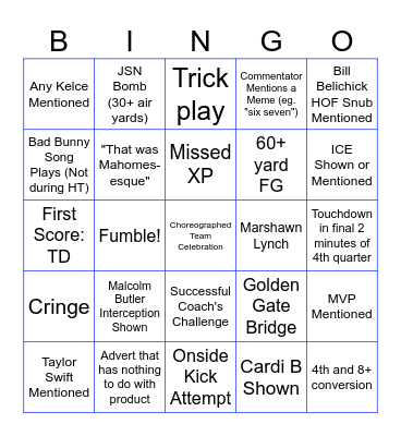 Super Bowl LX - Seahawks vs. Patriots Bingo Card