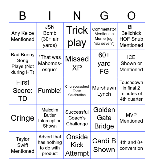 Super Bowl LX - Seahawks vs. Patriots Bingo Card