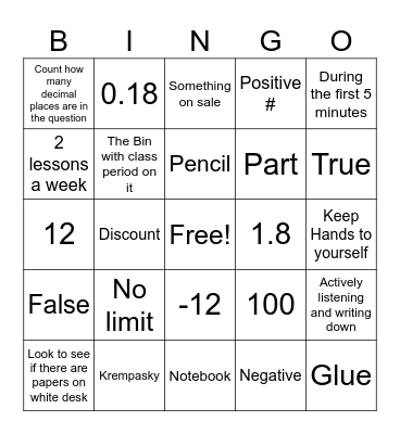 Expectations/Review Bingo Card