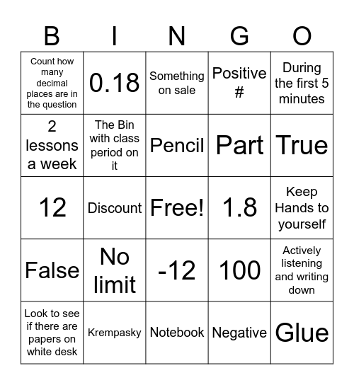 Expectations/Review Bingo Card