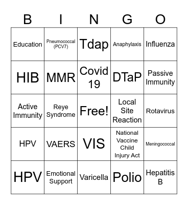 Immunization Bingo Card