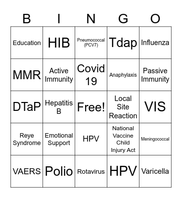 Immunization Bingo Card