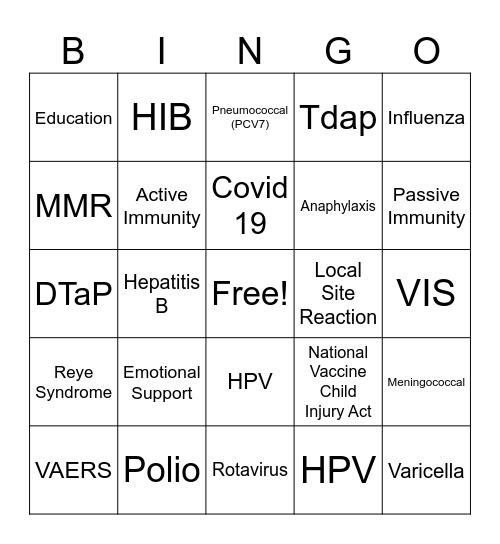 Immunization Bingo Card