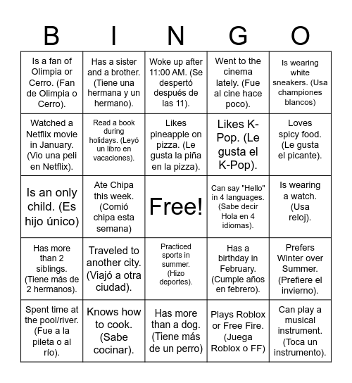 Back to school Bingo Card