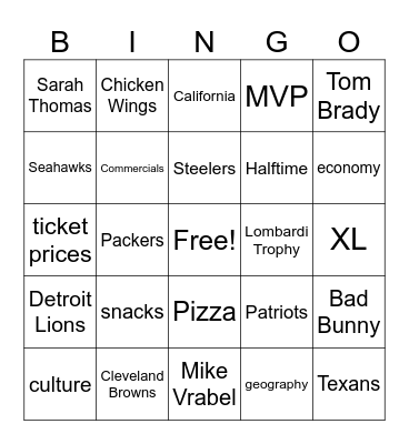 Super Bowl Bingo Card