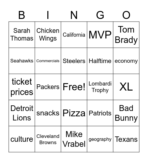 Super Bowl Bingo Card