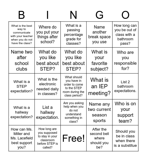 STEP Room Scavenger Bingo Card