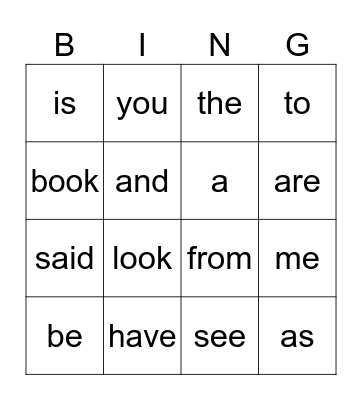 Heart Word Bingo Card