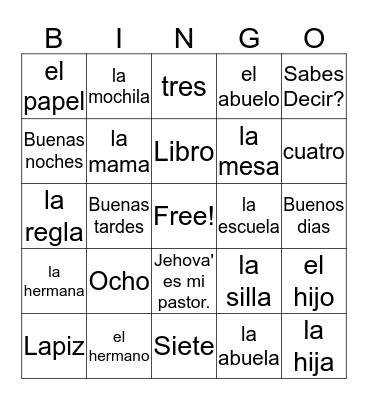 Spanish 1 Bingo Card