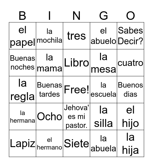 Spanish 1 Bingo Card