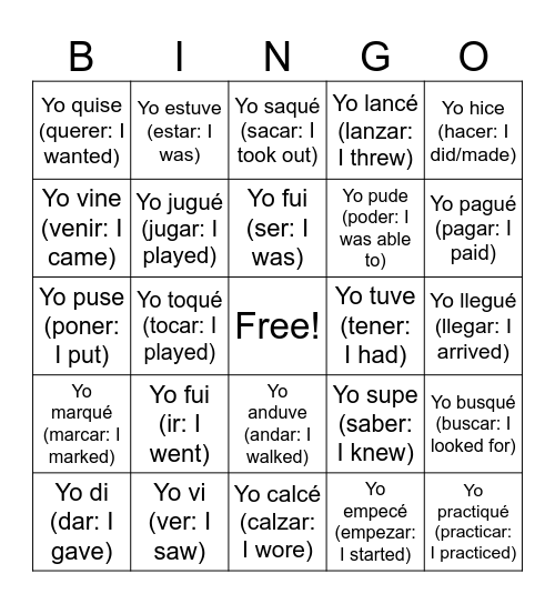 Irregular yo forms Preterite Bingo Card
