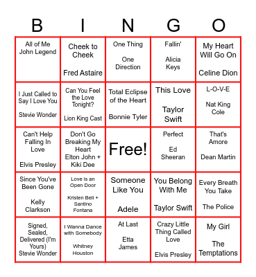 Love Song BINGO Card
