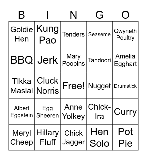 Pick-A-Chick Bingo Card