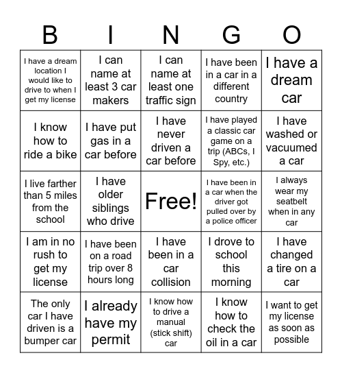 Experience on the Road Bingo Card