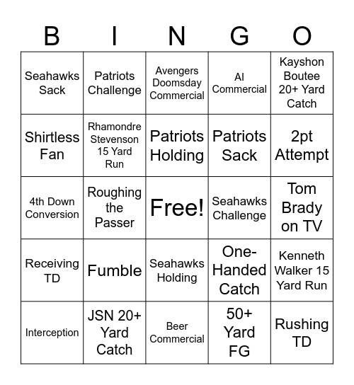 Super Bowl LX Bingo Card