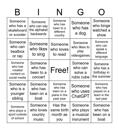 Class Bingo Card