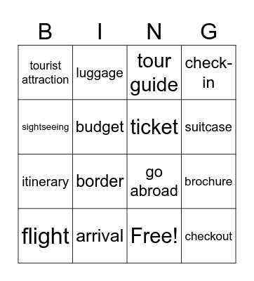 Vocabulary travel Bingo Card