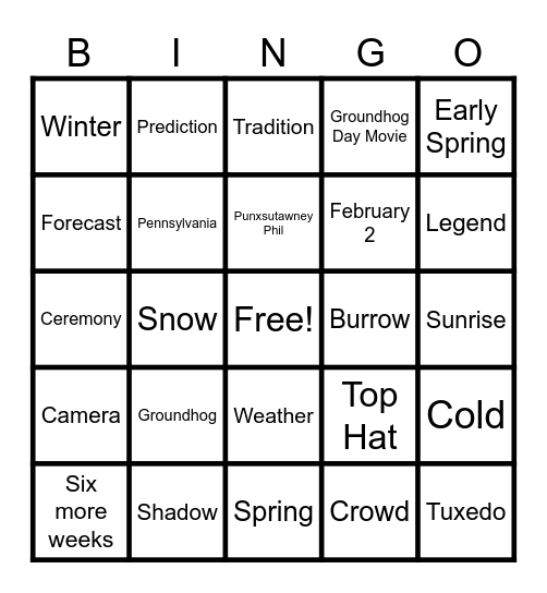Groundhog Day Bingo Card