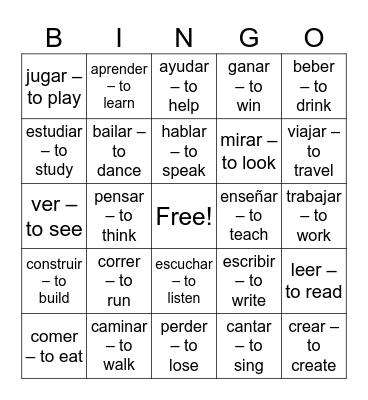 Verbs Nicaragua Bingo Card