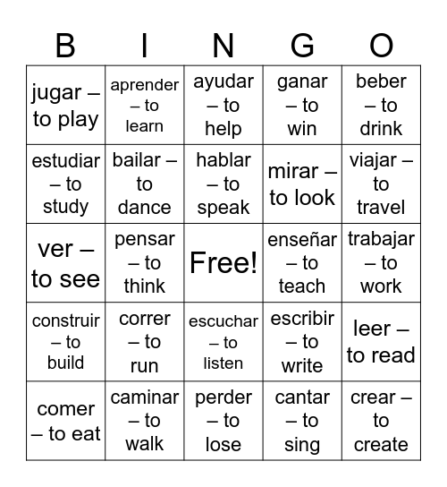 Verbs Nicaragua Bingo Card