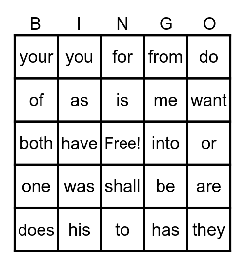 HFW Bingo Card