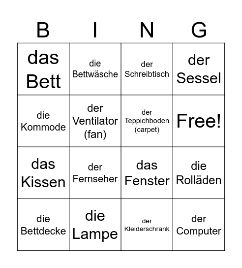 Mein Zimmer Videos Bingo Card
