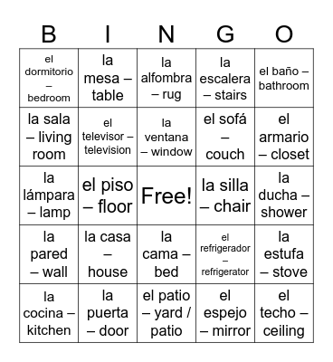 Items in a house Nicaragua Bingo Card