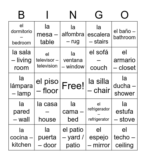 Items in a house Nicaragua Bingo Card