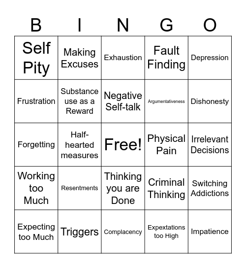 Relapse Prevention Bingo Card
