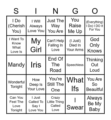 Love Songs Bingo Card