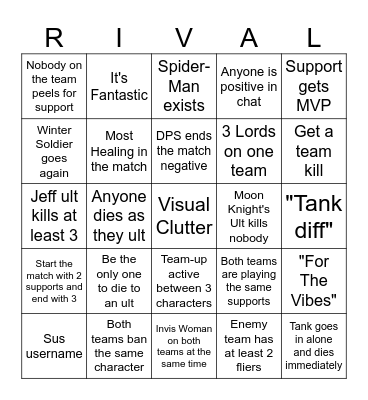 Marvel Rivals Bingo Card Bingo Card