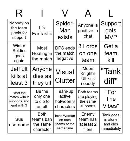 Marvel Rivals Bingo Card Bingo Card
