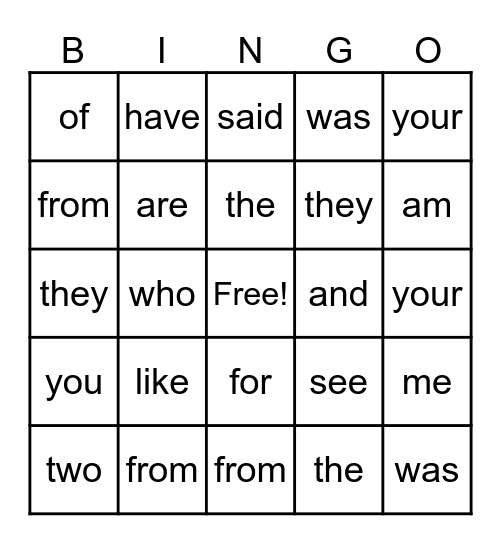 Sight Word Bingo Card