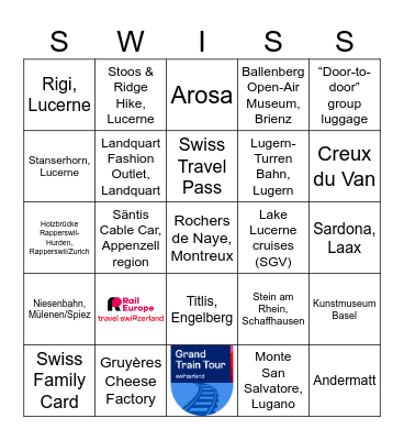 Rail Europe & Travel Switzerland Bingo Card
