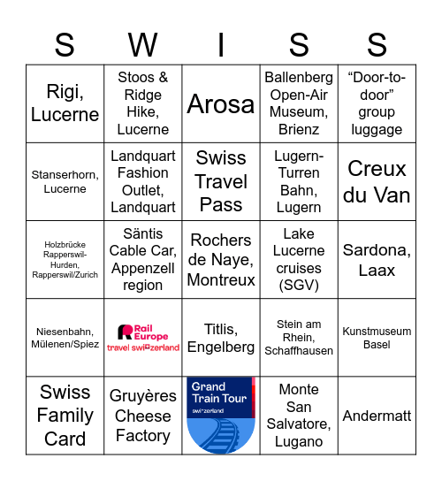 Rail Europe & Travel Switzerland Bingo Card