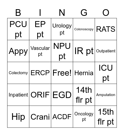 PACU Bingo Card