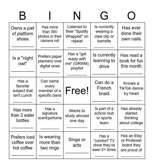 Sophomore Girls Bingo Card