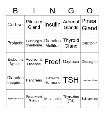 Chapter 27-Lymphatic and Immune System & Chapter 33- The Endocrine System Bingo Card