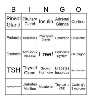 Chapter 27-Lymphatic and Immune System & Chapter 33- The Endocrine System Bingo Card