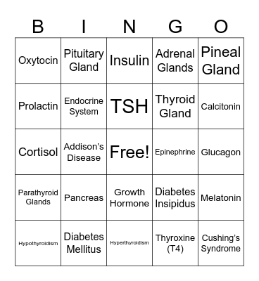 Chapter 27-Lymphatic and Immune System & Chapter 33- The Endocrine System Bingo Card