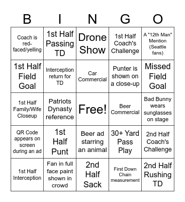 SUPER BOWL XL Bingo Card
