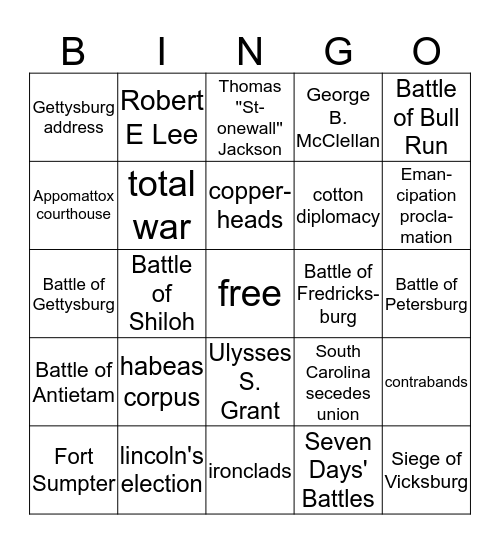 Civil War Vocab Bingo Card