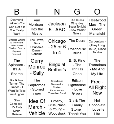 70's Bingo Card