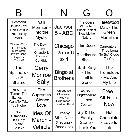 70's Bingo Card