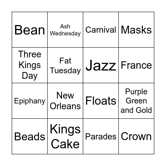 Mardi Gras Bingo! Bingo Card