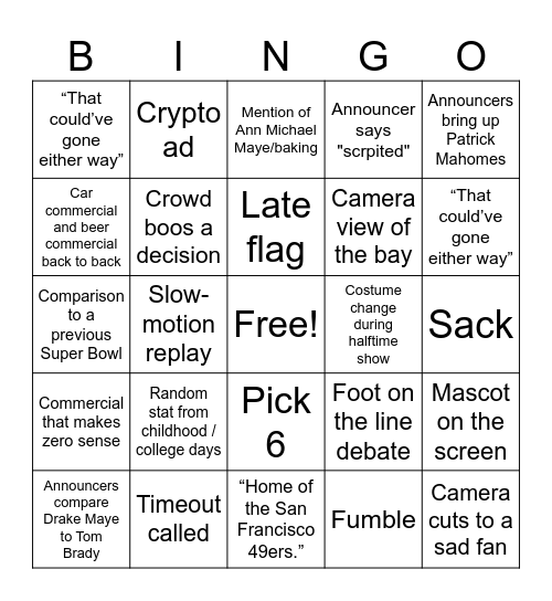 Superbowl Bingo Card